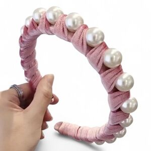 Mauve Pink White Pearl Crown Velvet Headband Baroque Coquette Balletcore Regency